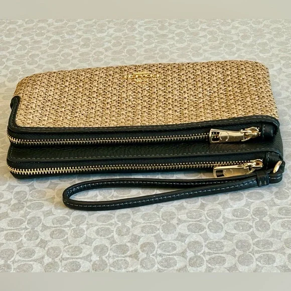 NWT COACH DOUBLE ZIP LARGE WALLET WRISTLET STRAW CAP26 LEATHER TOAST/BLACK - Picture 7 of 12